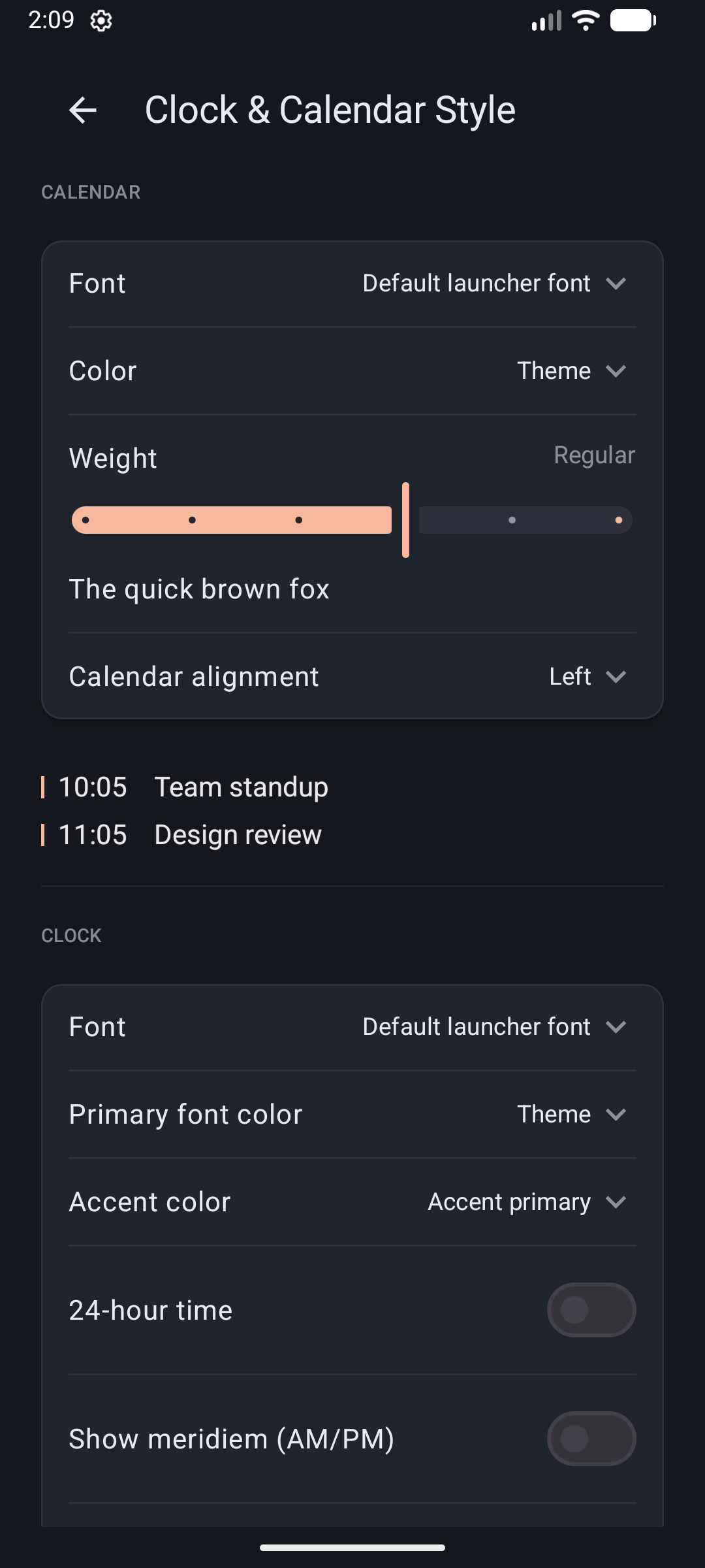 Clock and calendar style settings screen