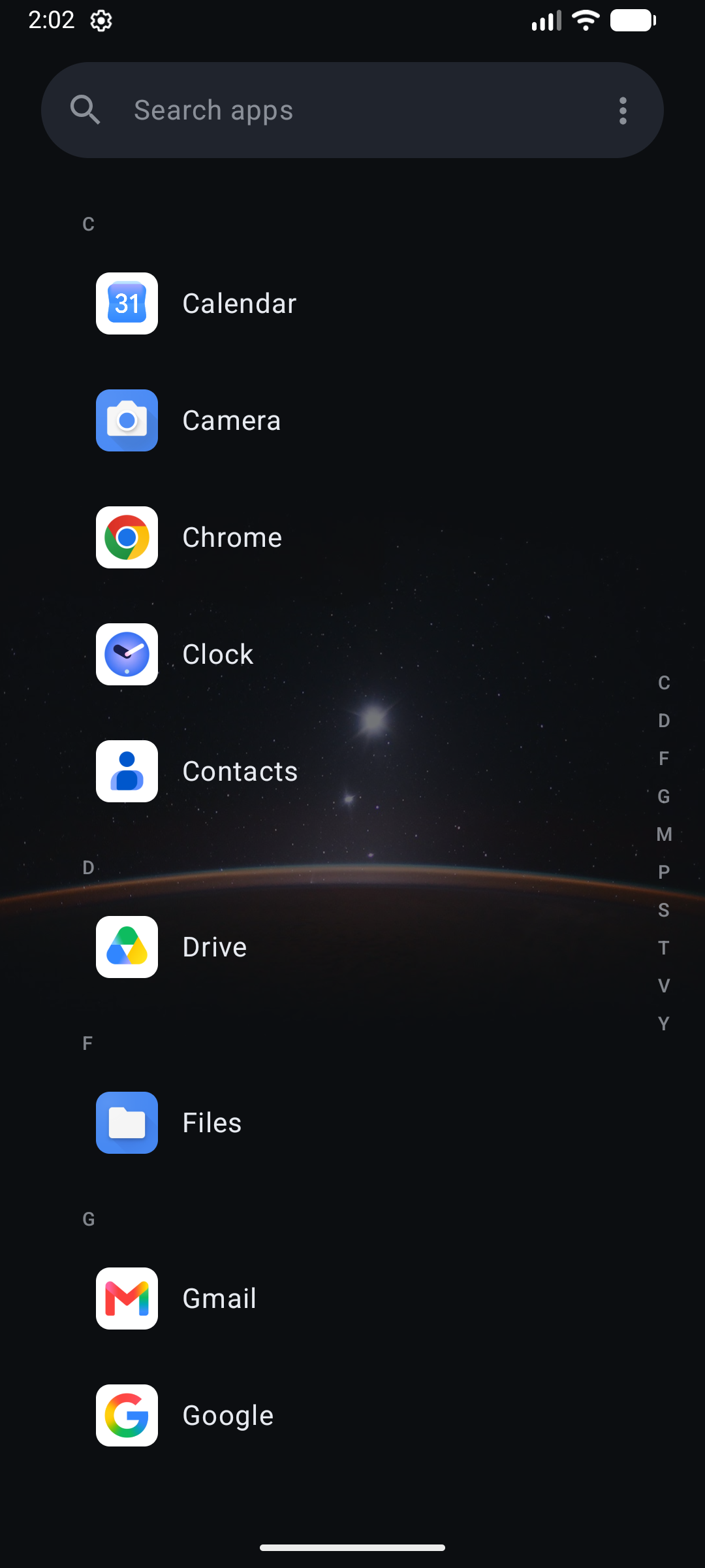 App drawer in list view with the alphabet rail
