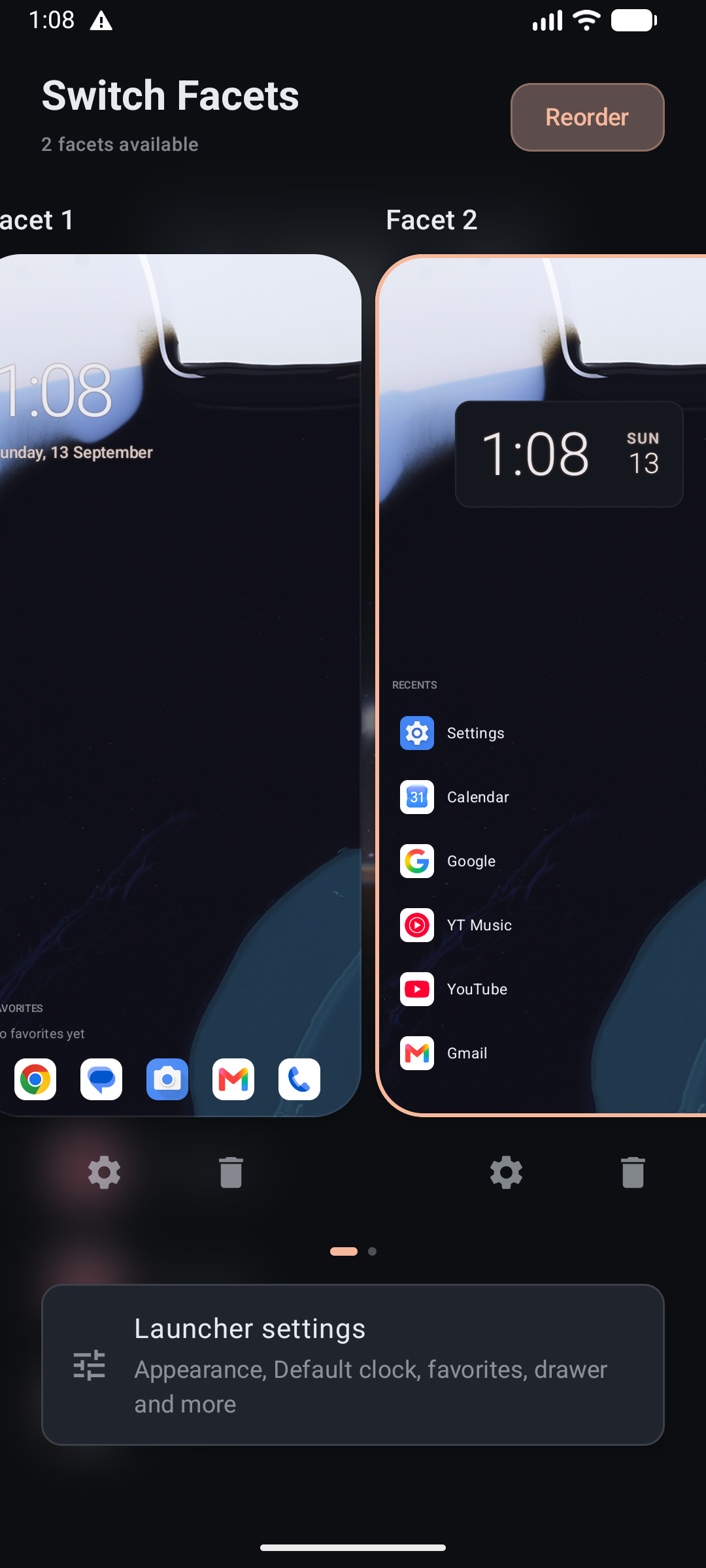 Facet Launcher's facet switcher showing two facets side by side