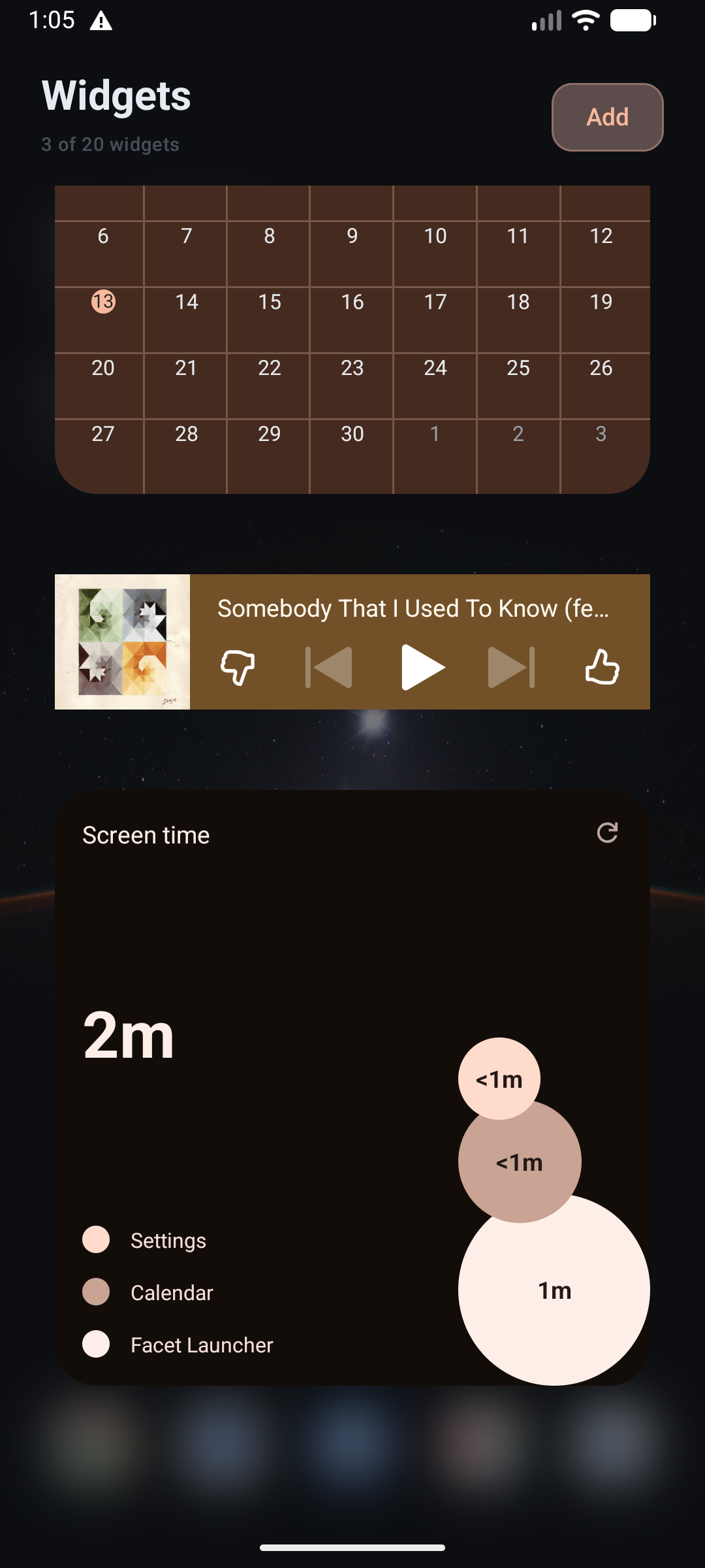 The Widgets screen showing a calendar and music player widget